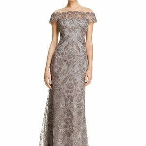 Tadashi Shoji Gray Lace Off-Shoulder Wedding Dress